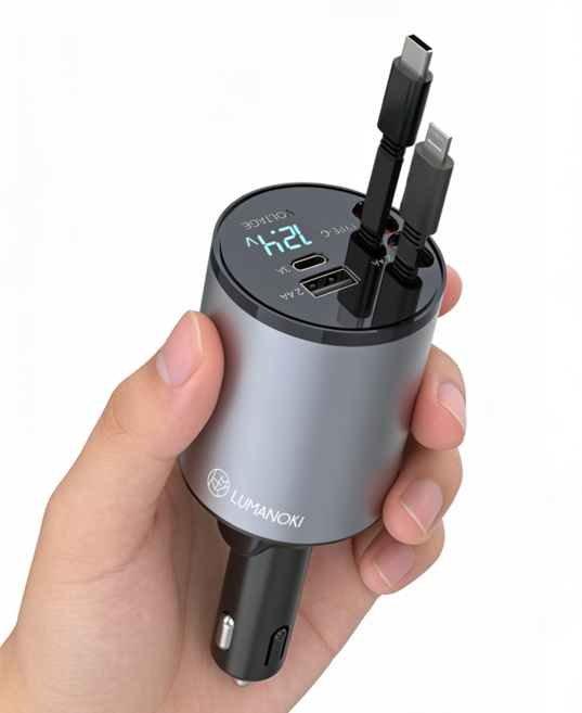 LUMANOKI 100W 4구 릴타입 차량용 고속충전기, 미니 C-Type+아이폰