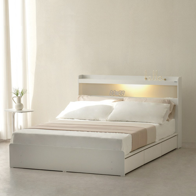 동서가구 에디프 LED조명 수납침대 + 본넬 양면 매트리스, 화이트