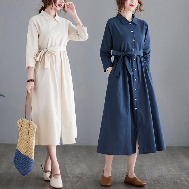 카라넥 긴팔 셔츠 원피스 데일리 세련된 여성 롱원피스 30대 40대 50대 무지 면마 초가을 봄 롱 원피스 스커트 80kg까지