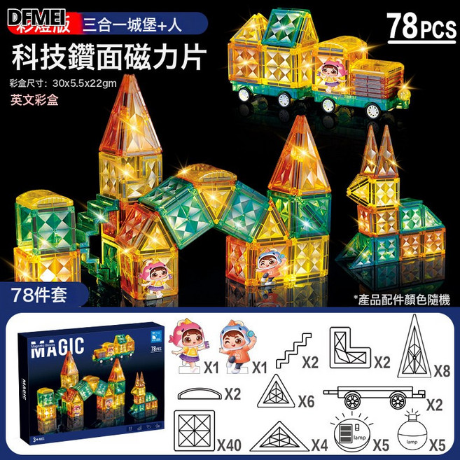 DFMEI 4D鑽面大自然色彩窗磁力片兒童DIY拼裝強磁積木套裝玩具, 1個, 【燈光-英文彩盒】78PCS三合一城堡+人-鑽面磁力片 82:參考詳情