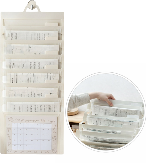 아우라빙 벽걸이 수납포켓 서류 시험지 아코디언 파일 정리함, 1개, 화이트