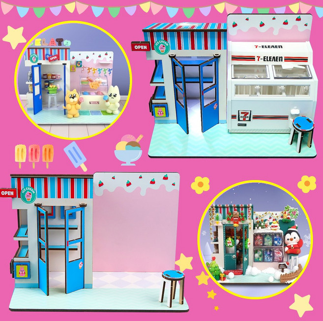 나만의 우드 미니어쳐 부스 아이스크림 가게 만들기 DIY 미니어처 냅킨 클레이 꾸미기, 냉장고 미포함, 1개