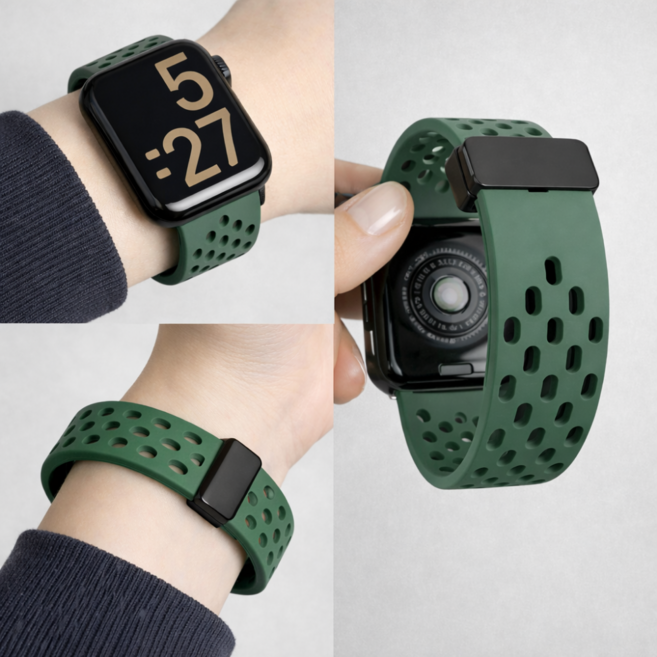 토브몰 애플워치 호환 통기성 마그네틱 스포츠 워치 밴드 스트랩, 1개, 그린