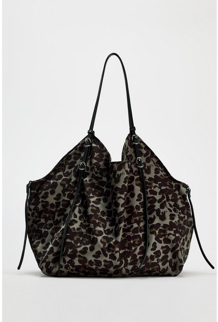 ZARA자라 레오파드 프린트 라지 쇼퍼백 넉넉한 수납 블랙 새틴 에코백 데일리 빅사이즈 숄더백