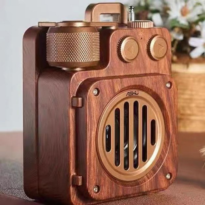 블루투스 USB 재생 탁상용 FM 라디오 휴대용 올인원, 빈티지 로즈우드 골드, 공식 표준 패키지