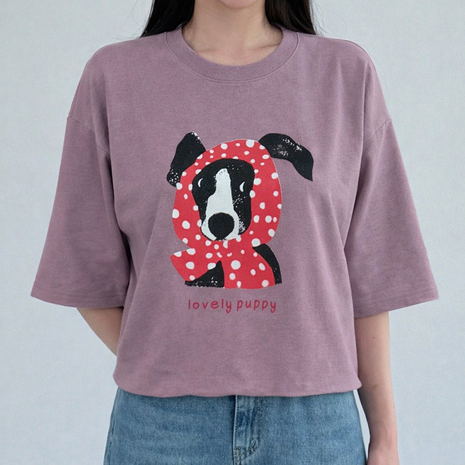 도트 머플러 콜리 7부 소매 반팔 맨투맨 티셔츠