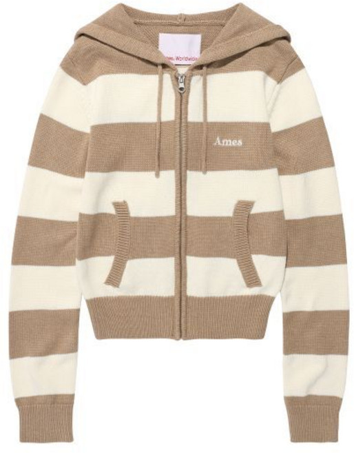 아메스 월드와이드 amesworldwide STRIPE KNIT HOODIE ZIP-UP BEIGE