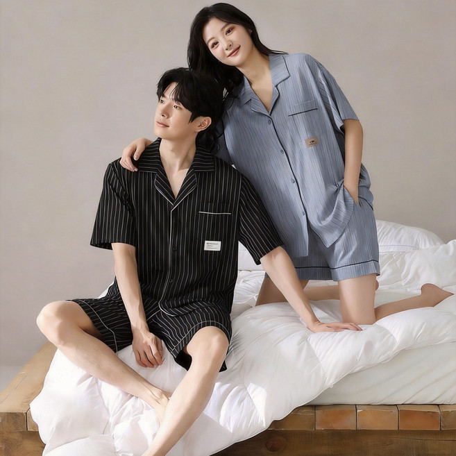 ANYOU 여름 순면 커플 잠옷 코지 홈웨어 세트