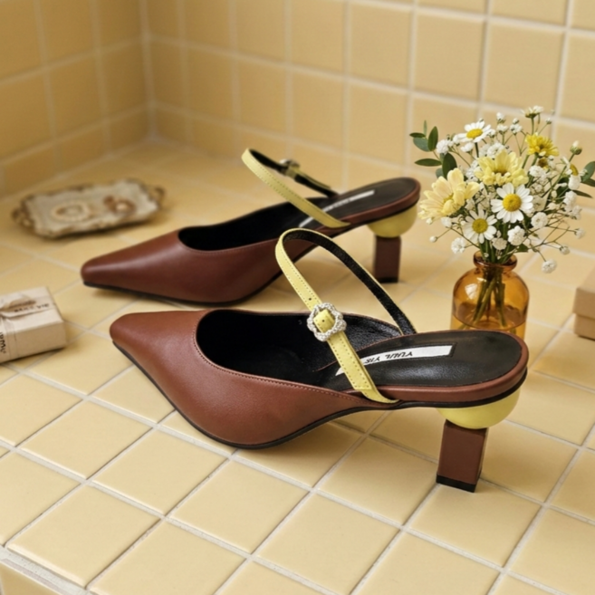 조은킹 율이에 S415 메리제인 뮬 스트랩 샌들 브라운 옐로우 소가죽 여성