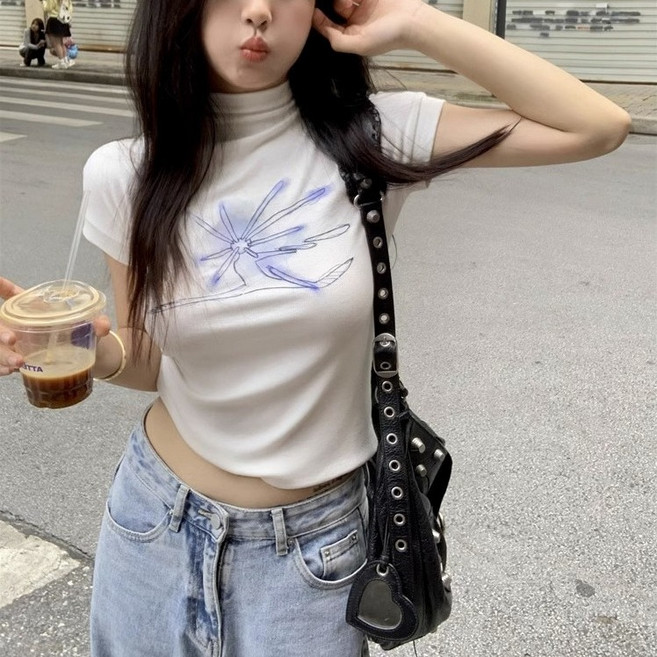 cammello 소프티 블루 하프넥 크롭 반팔티 반폴라 반팔 크롭티