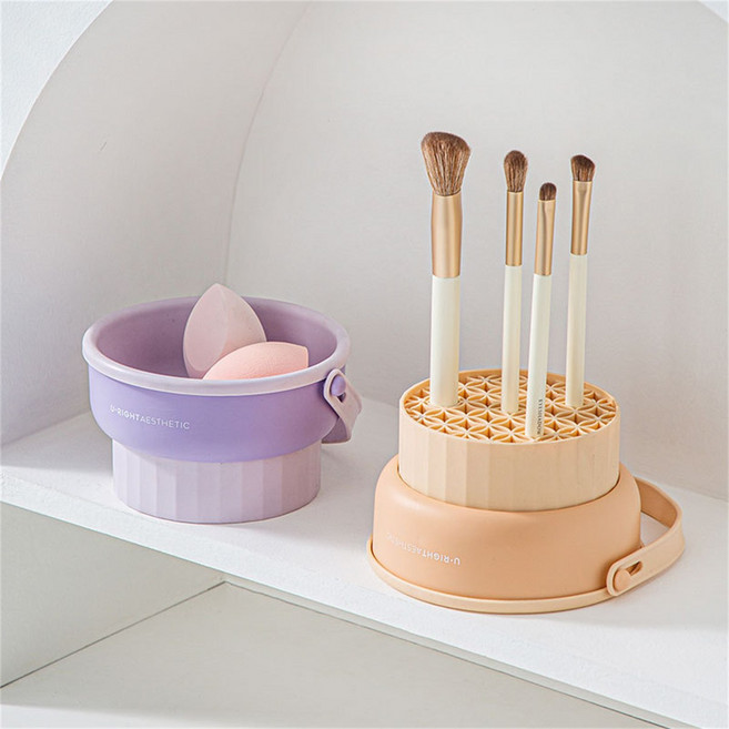 믹스MICS 실리콘 메이크업 브러쉬 퍼프 세척 클리너 건조대 수납 용기 바스켓 3 in 1, 퍼플, 1개, 퍼플
