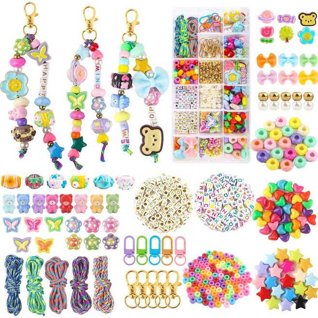 비즈키링만들기 키링만들기 DIY 비즈 열쇠고리 키링 키트 우정 선물 공예 세트, 비즈 키링 만들기 혼합색상, 1개