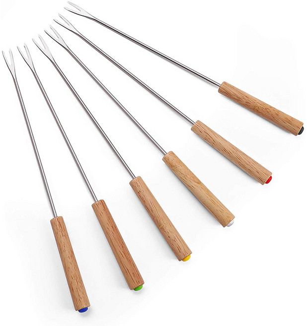 나무 손잡이 초콜릿 포크 스테인레스 스틸 치즈 퐁듀 내열성 냄비 과일 디저트 주방 도구 6 개, 01 빠른