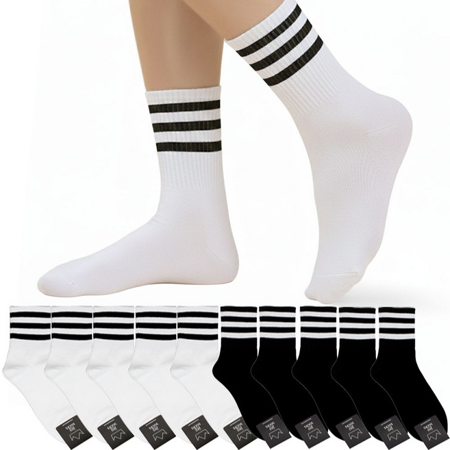 지니양말 100% 국내생산 남성 여성 삼선 포인트 라인 중목 양말 10켤레