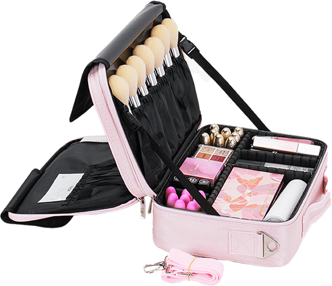 로앤제이 2단 여행용 뷰티 화장품 가방 파우치 메이크업 박스 소품 정리 칸막이, 1개, 핑크