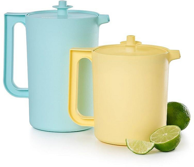 Tupperware Heritage 피처 세트 빈티지 블루 및 옐로우 색상 식기세척기 사용 가능 BPA 프리 (2개 1.5쿼트/2쿼트), 헤리티지 세트(1.5/2.1L) - 블루/옐로우