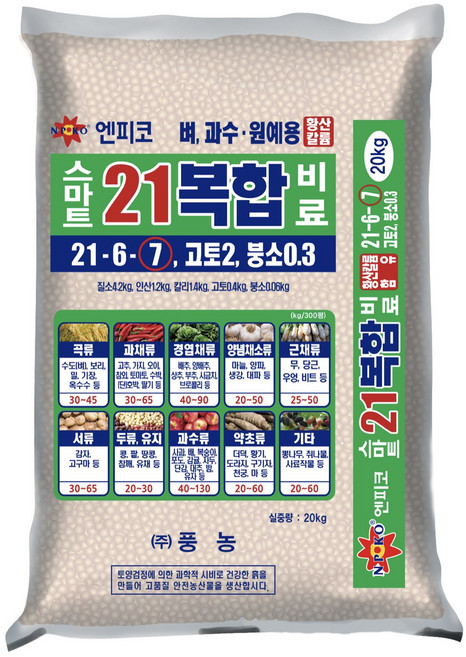 스마트21 복합비료 20kg 요소 NK 마늘 양파 배추 고추 감자 밑거름 웃거름 비료, 1개