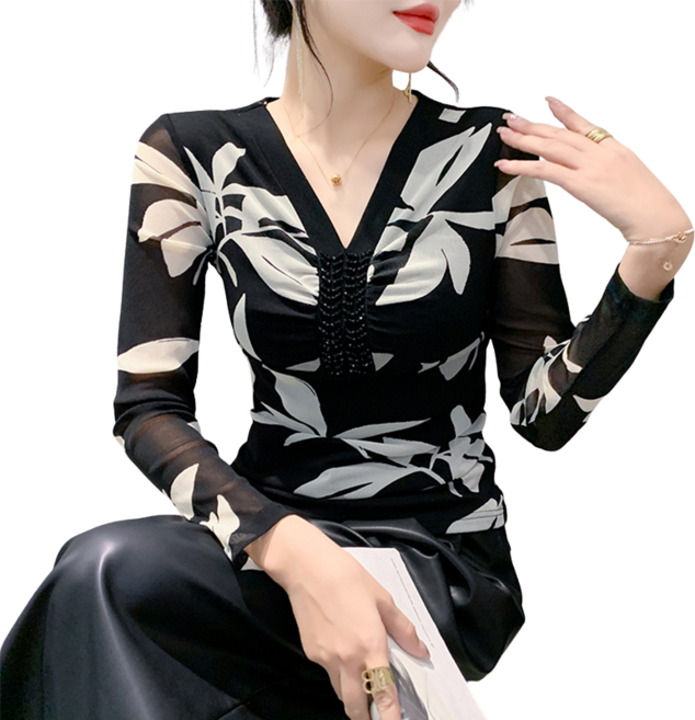 댄스복 상의 프린트 브이넥 징 망사 긴팔 티셔츠 여성용 뉴타임즈F120161