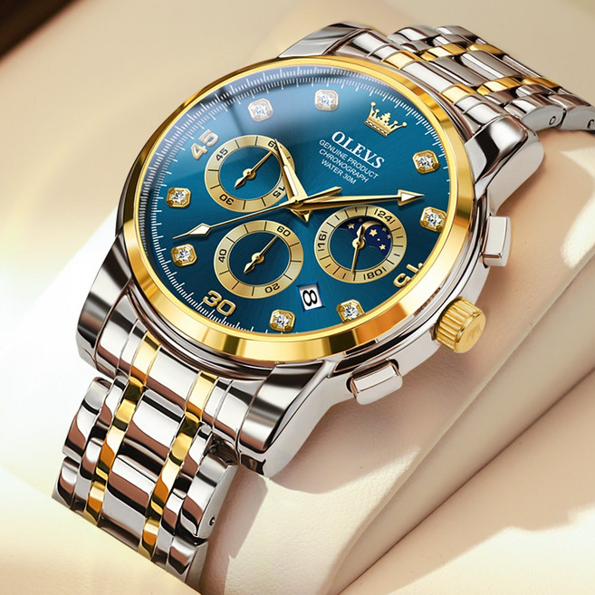 OLEVS 남자손목시계 정품 쿼츠 럭셔리 명품 워터프루프 야광 다기능 메탈시계