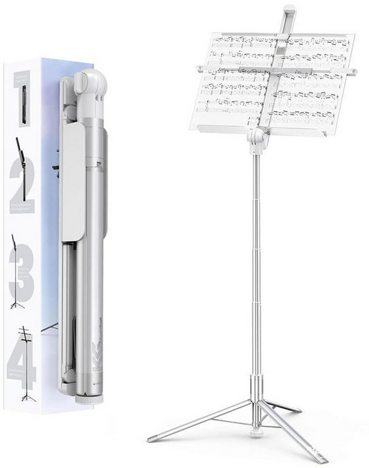 KraftGeek 악보용 167.6cm(66인치) 캡슐 음악 스탠드 음악가 및 악기 플레이어를 위한 휴대용 접이식 페이지 홀더 클립이 있는 조절 가능한 트레이 조립 필요 없, White_149529