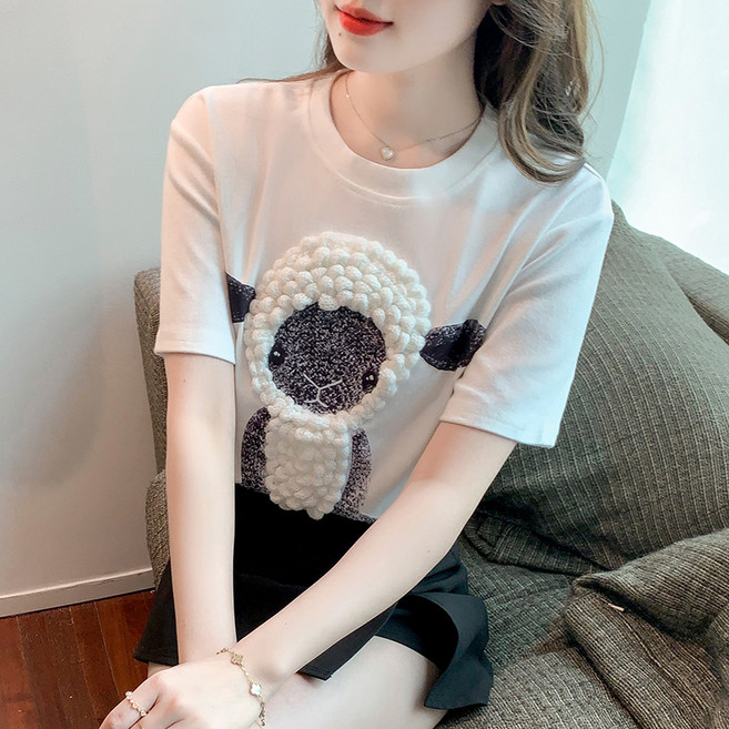 여성 봄여름 루즈핏 면양 캐릭터 반팔티셔츠