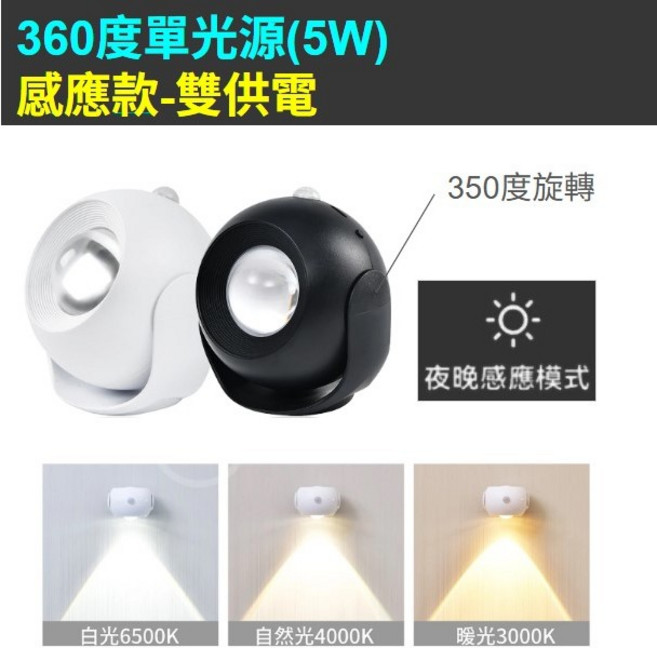 充電式磁吸LED壁燈 360度旋轉觸控調光床頭燈, 單光源360款(5W)｜感應(雙供電),黑色