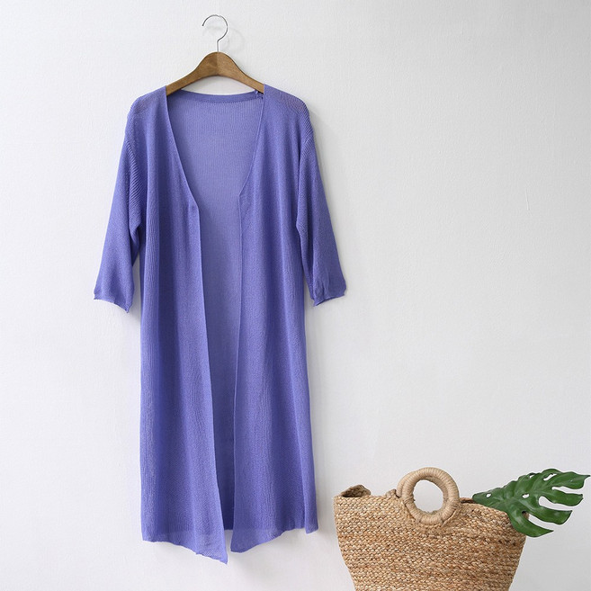 네모엔룩 쿨니트롱 여성용 데일리 여름 7부소매 루즈핏 니트 오픈형 샤이닝 롱 가디건