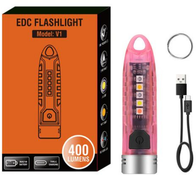 V3 다기능 EDC 미니 키 체인 UV 손전등 듀얼 LED 유형 C 충전 IP65 방수 강력한 자기 테일 토치, 1개, 04 Transparent Pink