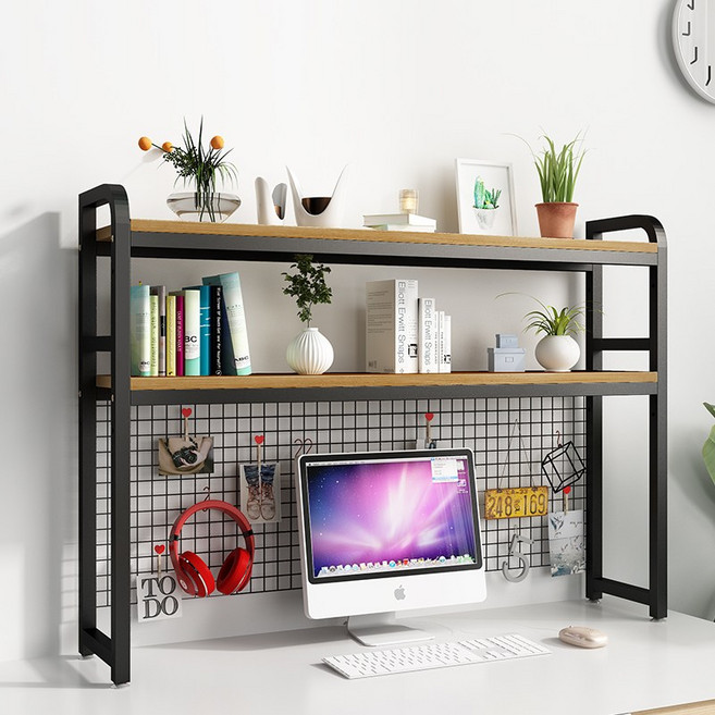 [[원컴마켓]]1단 2단 매쉬망 철망 휀스 책상위 노트북 모니터 위 수납 진열 선반 책장 책꽂이, 115x25 블랙 월넛 2단