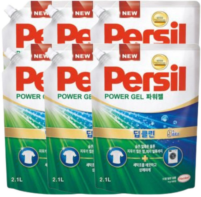 퍼실 딥클린 파워젤 일반용 액상세제 리필, 2.1L, 6개