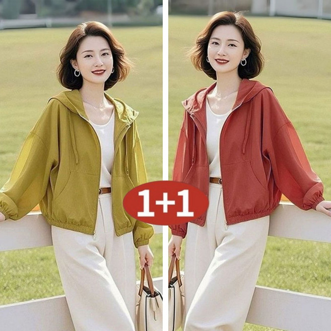 AOKADA 1+1 여성 여름 자외선 차단 후드 자켓 얇은 루즈핏 햇빛 가리개 아우터 키작녀