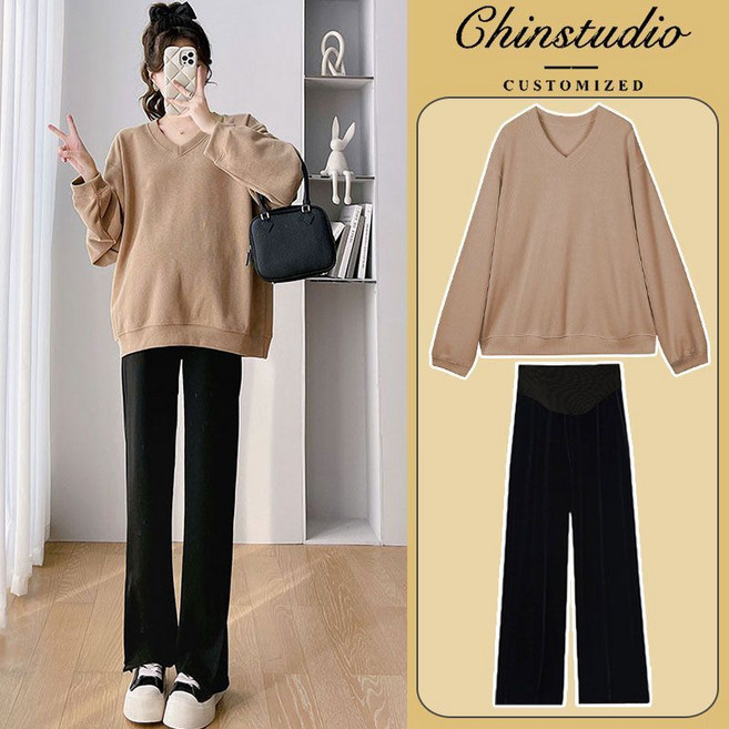 봄 가을 임산부 세트 캐주얼 임부복 기질 임부 브이넥 맨투맨 + 하이웨이스트 일자 팬츠 상하 투피스 세트 LPC