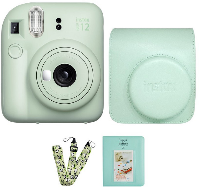 후지 인스탁스 미니12 즉석카메라+가죽케이스/스트랩+전용앨범, 민트그린/그린, 1개