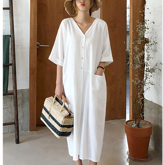 더사바 앞뒷트임 딥 브이넥 린넨원피스 여름 시원한 코튼 5부소매 롱원피스