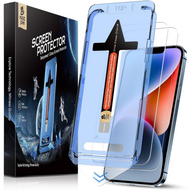 아이폰 1314 13 프로용 매직 존 2 개 6.1 인치 강화 유리 스크린 프로텍터 자동 먼지 제거 버블 프리 HD 클리어 간편한 설치, 아이폰 1314 13 프로용 매직 존 2 팩 6.1 인