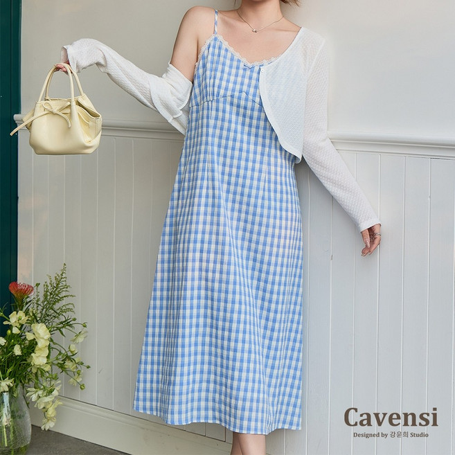 Cavensi 韓系長洋裝, 清新格紋吊帶洋裝 S25,L（建議50-60公斤 ）