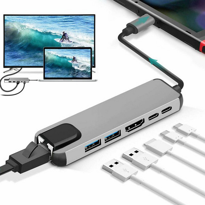 식스센이 서피스프로 Surface Pro 4 5 6 멀티포트 USB3.0 확장어댑터 랜포트 HDMI 5 In 1 USB 허브 어댑터 TF 카드 판독기, 실버, 1개