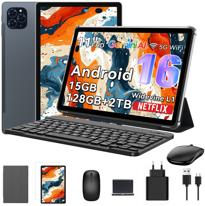 TABWEE 2026 최신형 태블릿 Android16 Gemini AI 11인치 태블릿PC 15GB +128GB 2TB확장 옥타코어 게이밍 테블릿 pc 9in1 키보드세트, Wi-Fi, 128GB, 회색