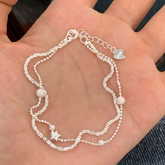 besteffie 여성용 이중 레이어드 체인 실버 팔찌 별 하트 펜던트 장식 심플한 패션 액세서리 K57