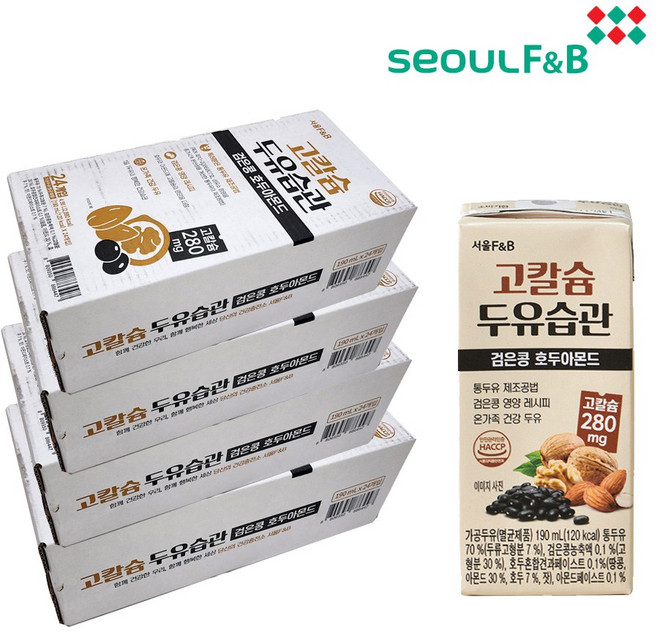 고칼슘 검은콩 호두아몬드 두유 190ml 24개 4박스 서울에프엔비 건강두유습관, 4.56L