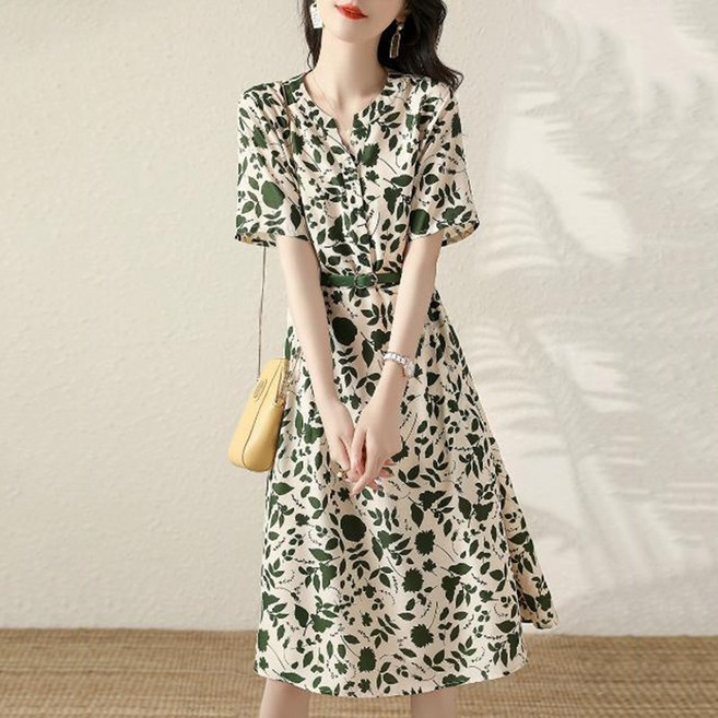 다중성 여성 반팔 플라워 조임 미디 원피스