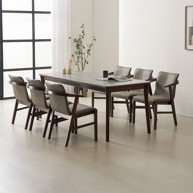 라로퍼니처 위니 1900 포세린 통 세라믹 6인 고무나무 원목 식탁 세트, 그레이, 식탁+의자6