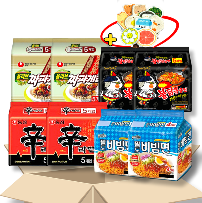 삼양 농심 팔도 봉지라면 4종 세트+ 식물성 자연분해 착한 수세미 1 (신라면10P + 불닭볶음면10P + 짜파게티10P+ 팔도비빔면8P) PC방 라면세트 캠핑라면세트, 1세트