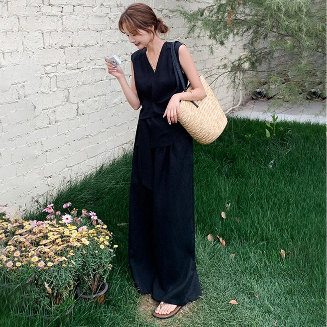 ORZQU 여성투피스세트 여름 디자인감 패션 투피스 브이넥 세련된 투피스 바지세트