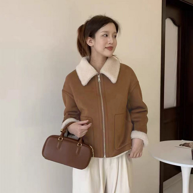 BIKASU 여성 겨울 스웨이드자켓 무스탕 캐주얼 캐시미어코트 후리스 집업 아우터