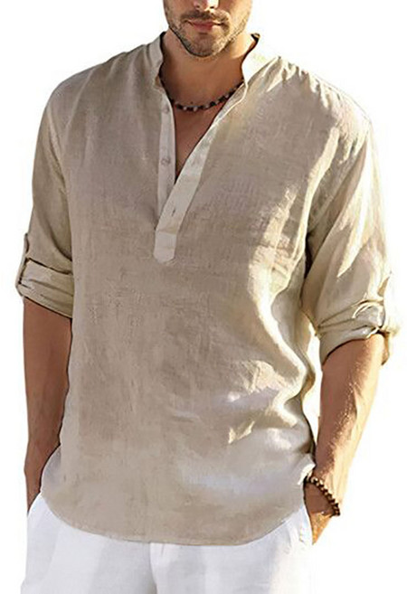 ROYALBELLE 남성용 루즈핏 반오픈 린넨 헨리넥 긴팔 티셔츠 데일리룩 긴팔 상의 E41413 AN