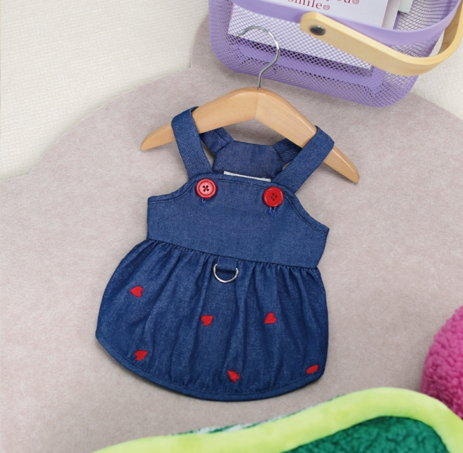 하트 하네스 데님스커트 강아지옷, 블루, 1개