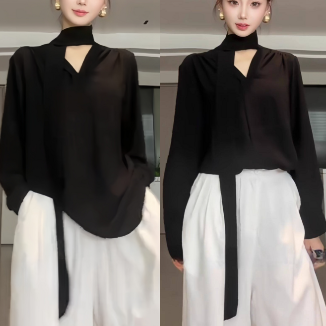 Akimu 여성셔츠 브이넥 오버핏셔츠 리본 심플 데일리룩