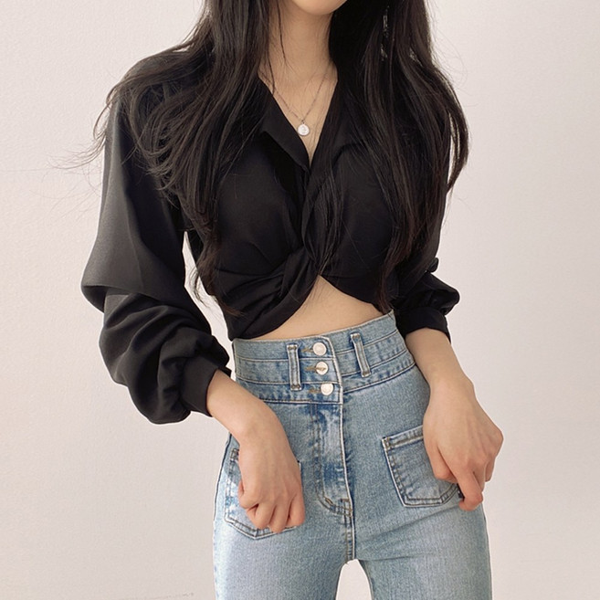 메이킹유 긴팔 카라넥 꼬임 시스루 뒷리본포인트 328트루디블라우스