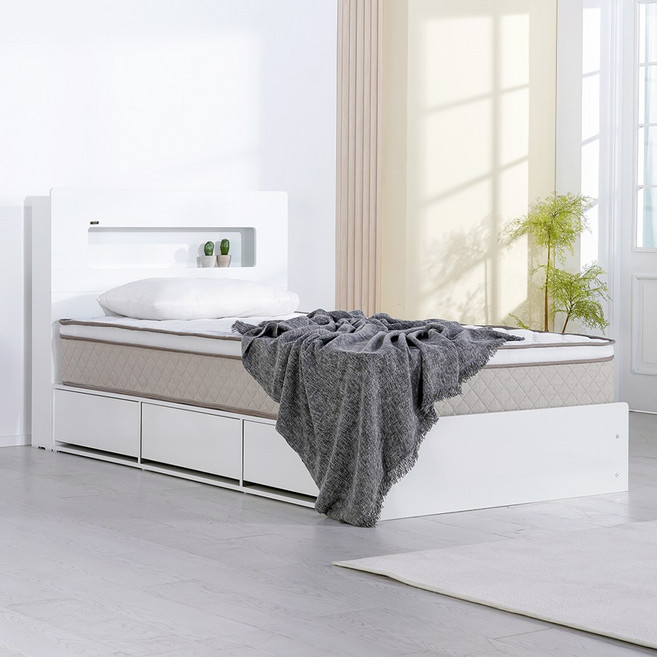 (매트포함)보루네오 100%국내제작 LED 멀티수납 고급형 통서랍 침대프레임 SS Q+독립스프링 유로탑 세트(수도권 희망일배송 방문설치), 12.헤이즈(화이트) 독립스프링 유로탑